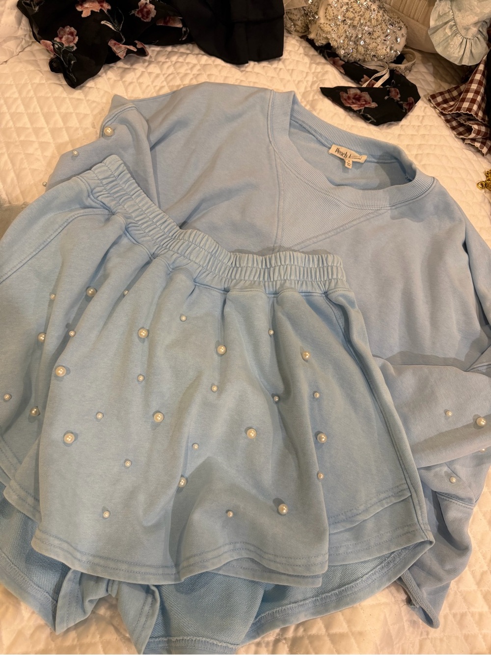 Peach Love California Light Blue Pearl-Embellished Kids Sweatshirt & Skirt Set